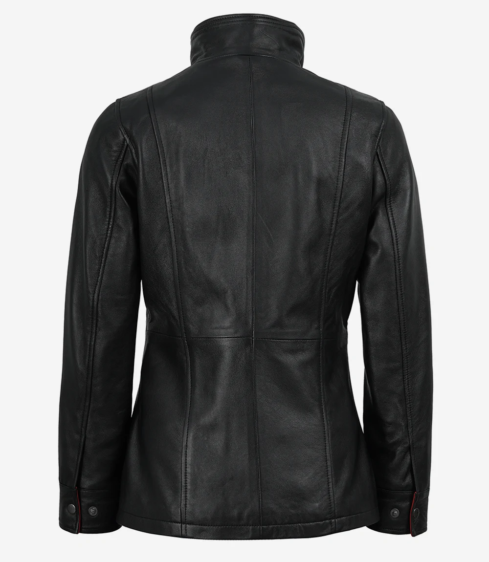 Womens Black & Red Collar 3/4 Length Leather Coat