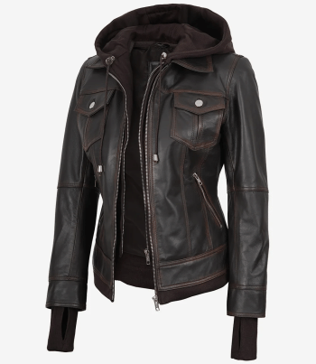women distressed brown leather jacket with hood