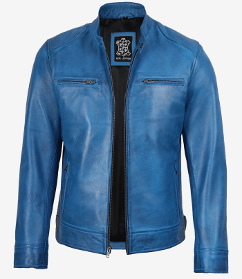 mens blue leather biker jacket