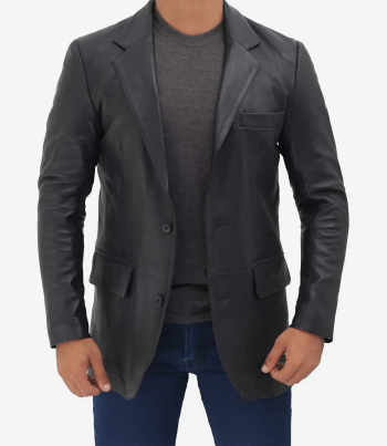 men black 2 button leather blazer
