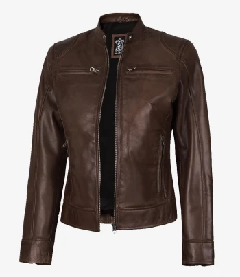 women cognac waxed leather jacket