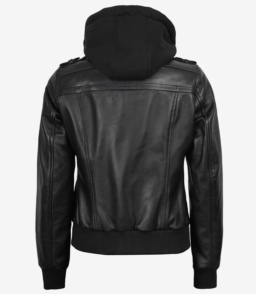 Hooded Women's Black Leather Bomber Jacket
